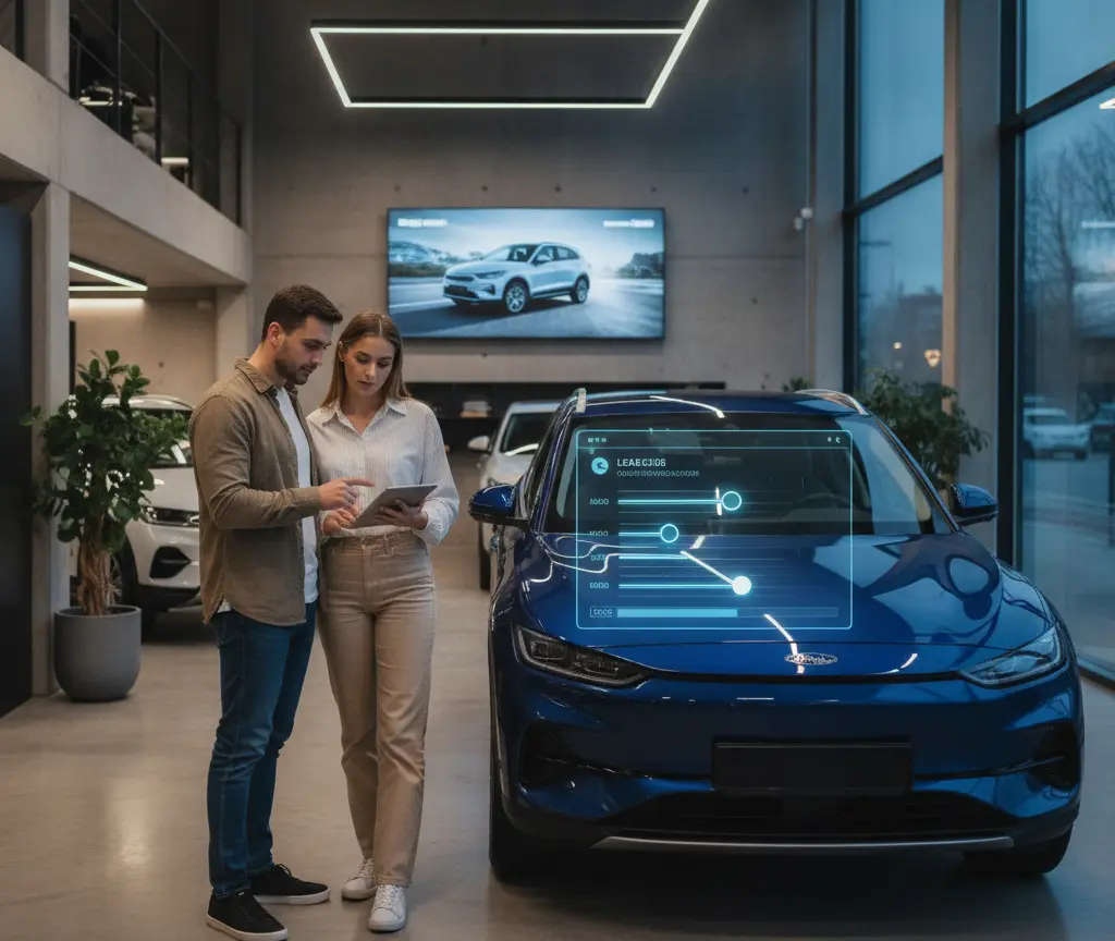 Un homme et une femme regardent une tablette devant une voiture bleue dans une concession automobile.