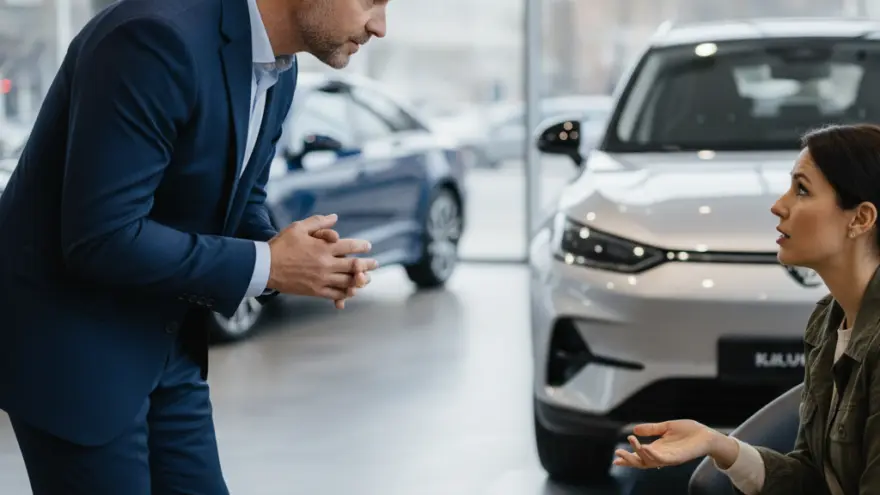 Un uomo in abito blu parla con una donna seduta all'interno di un salone automobilistico con auto esposte sullo sfondo.