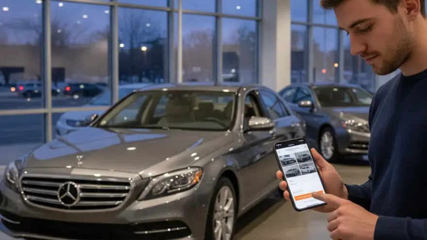 En junge Mann im blaue Pullover bedient sis Smartphone inere Autohalle mit graue Autos im Hintergrund.