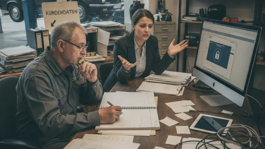 En Ma im graue Arbeitsgwand schriibt an eme Schriibtisch, während e Frau im Business-Gwand ratlos uf en Computerbildschirm mit eme Schloss-Symbol zeigt.