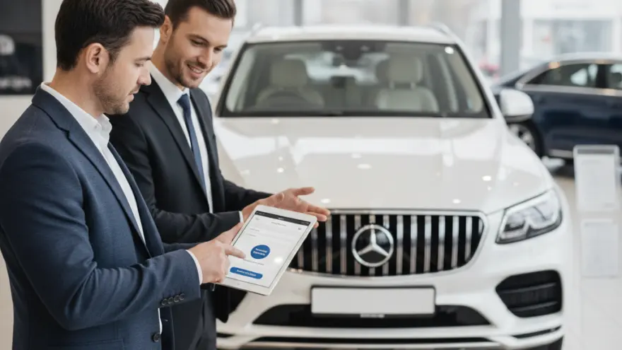 Twee mannen in pak bekijken een tablet voor een witte auto in een showroom.