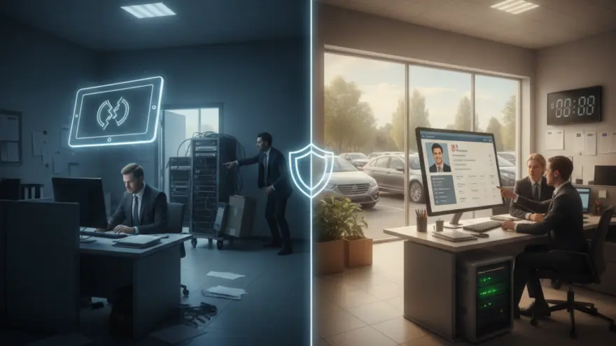 Een gesplitste afbeelding die links een donker kantoor met een serverstoring toont en rechts een verlicht kantoor waar medewerkers naar een computerscherm kijken met auto's op de achtergrond.