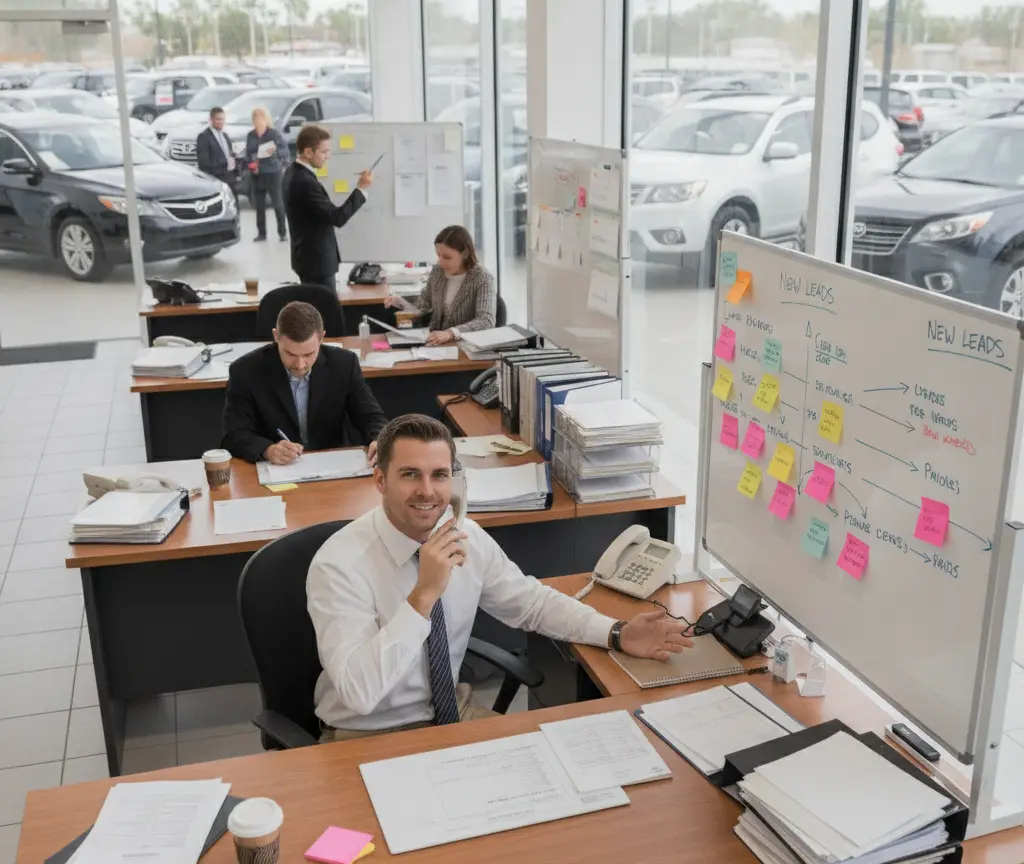 Een glimlachende man in een wit overhemd en stropdas belt aan zijn bureau in een kantoorruimte van een autodealer.