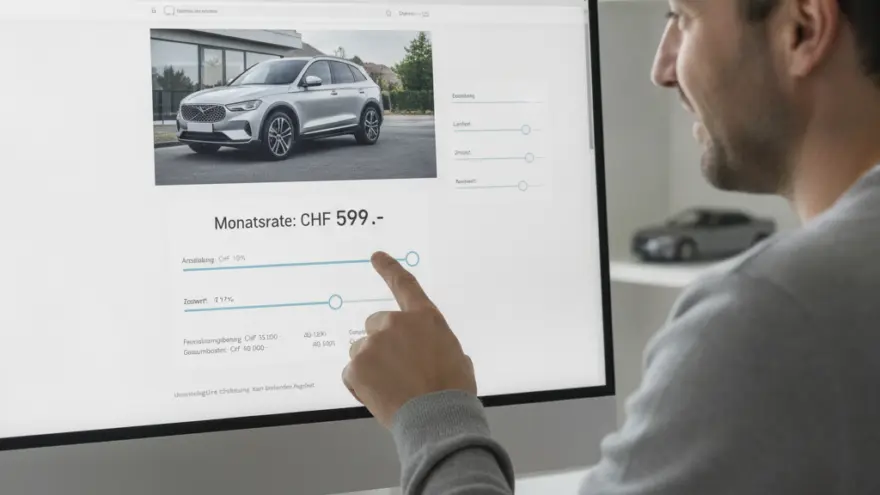 En Maa im Profil zeigt mit em Finger uf en Computerbildschirm, wo d Finanzierig vo eme silbrige Auto aazeigt wird.