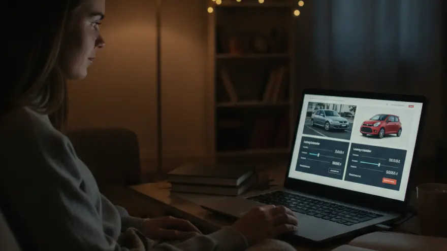 En jungi Frau sitzt am Abig imne dämmerige Zimmer uf em Sofa und luegt uf eme Laptop Auto-Inserat a.