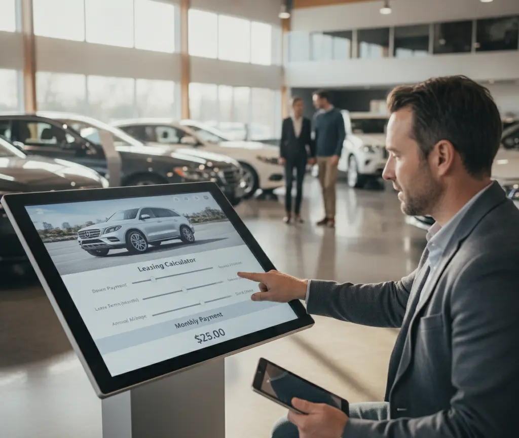 En Maa im graue Sakket bedient en grosse Touchscreen mit eme Leasing-Rachner inere Autohalle.