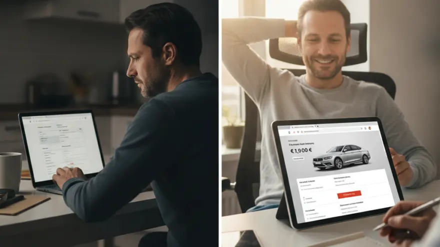 Un montage de deux photos montrant un homme utilisant un ordinateur portable dans une cuisine sombre à gauche, et un homme souriant devant une tablette affichant une voiture à droite.
