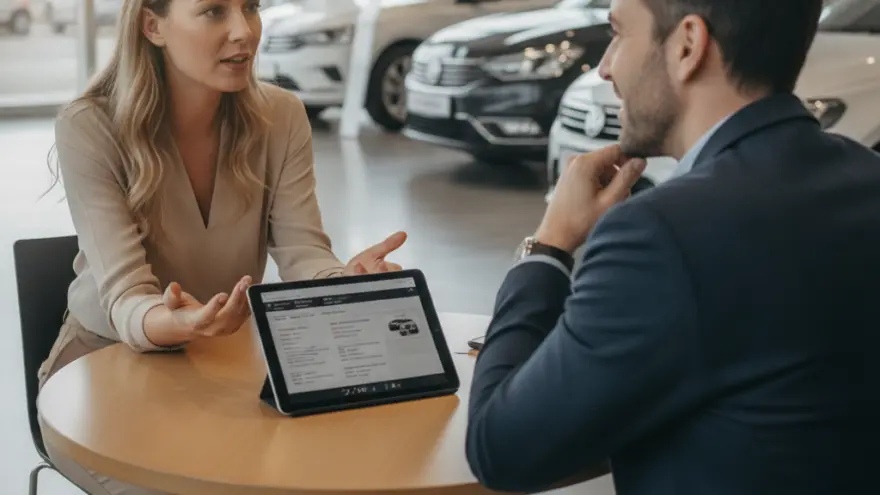 Une femme discute avec un conseiller assis à une table ronde devant une tablette dans une concession automobile.