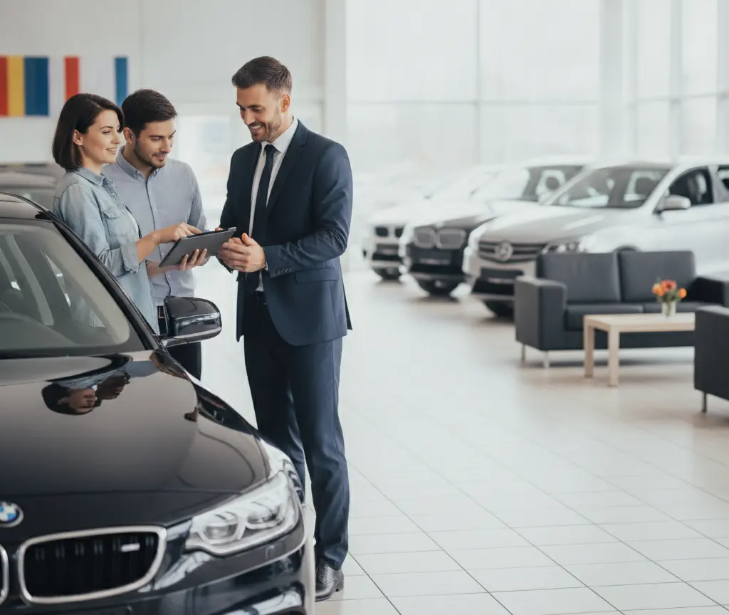 Un vendeur en costume montre une tablette à un couple debout à côté d'une voiture noire dans une concession automobile.