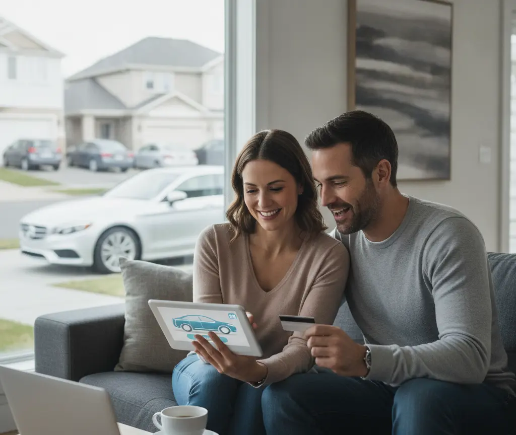 A smiling man and woman sit on a couch looking at a tablet showing a car illustration while holding a credit card, with a white car visible through the window behind them.