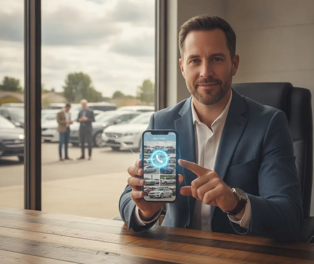 A man in a blue suit sits at a wooden desk, pointing to a smartphone screen displaying a car dealership app with a phone icon.