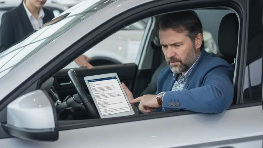 Un hombre sentado en el asiento del conductor de un coche gris mira una tableta digital mientras una mujer con traje formal lo observa desde fuera.