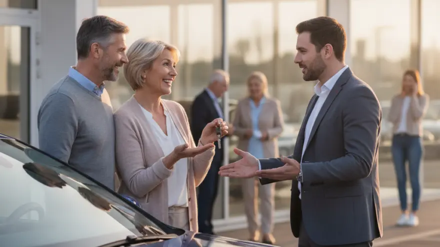 Een autoverkoper in pak overhandigt de autosleutels aan een glimlachend ouder echtpaar bij een blauwe auto voor een showroom.
