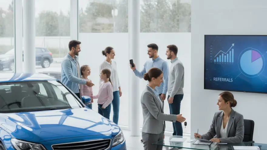 Een gezin en verkopers staan in een lichte showroom bij een blauwe auto en een bureau met een medewerker.