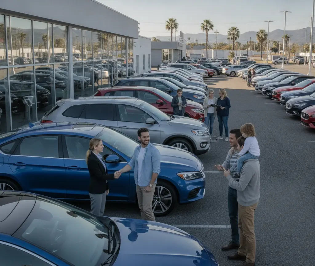 Een verkoopster schudt de hand van een klant op het parkeerterrein van een autodealer, omringd door auto's en andere mensen.