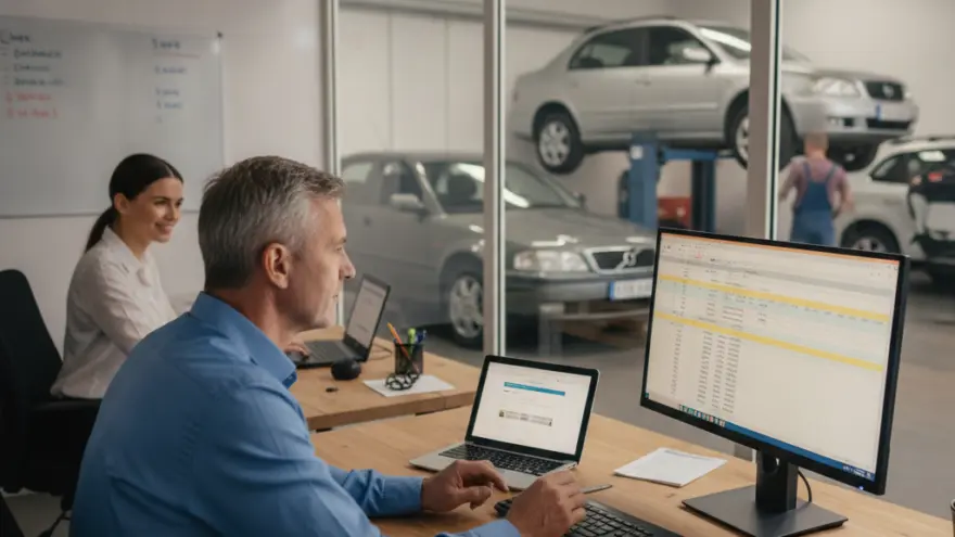 Een man in een blauw overhemd werkt achter een computer aan een bureau, met op de achtergrond een vrouw aan een bureau en een autowerkplaats achter glas.