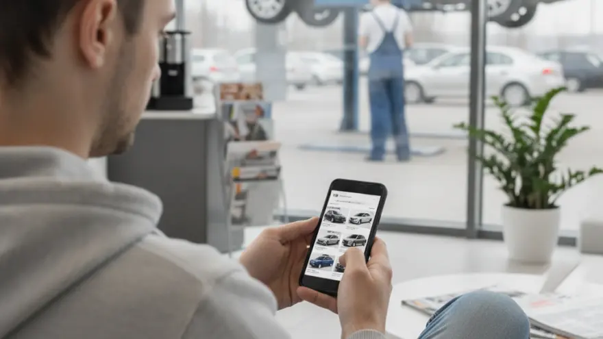 Een man in een grijze trui bekijkt auto's op zijn smartphone in een wachtruimte, met op de achtergrond een blauwe auto op een hefbrug in een garage.