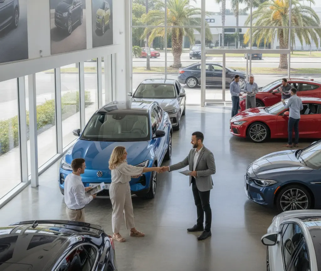 Ein Autohaus-Verkaufsraum mit mehreren ausgestellten Fahrzeugen, in dem sich ein Verkäufer und eine Kundin die Hand schütteln.