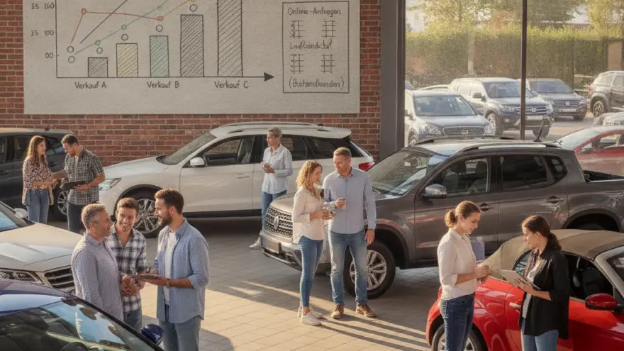 Mehrere Personen unterhalten sich in einem Autohaus zwischen verschiedenen ausgestellten Fahrzeugen vor einer Ziegelwand mit einem Diagramm.