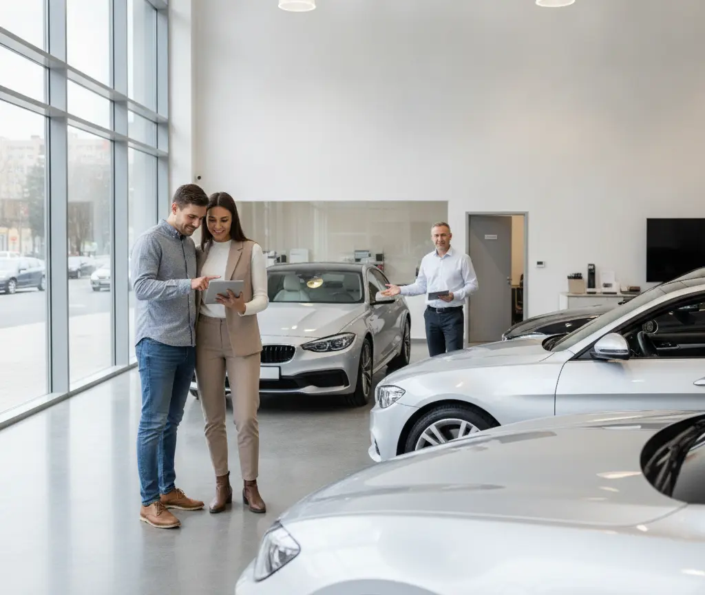 Es Paar luegt inere Autohalle ufes Tablet, während im Hindergrund en Verkäufer staht und mehreri silbrigi Autos zue gseh sind.