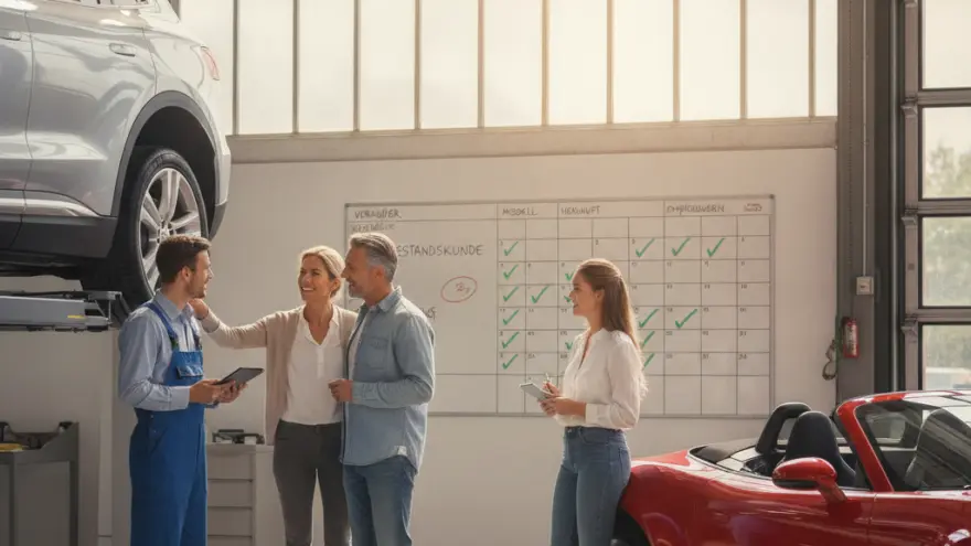 En Automechaniker im blaue Gwand redt mit eme Paar in ere Werkstatt, während e Frau an e rote Sportwage glehnt isch.