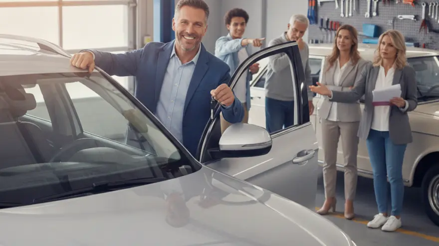 En lachende Maa im blaue Sacco staht näbed eme silbrige Auto und hebt de Autoschlüssel id Luft, während im Hindergrund anderi Lüt inere Autowerchstatt stönd.