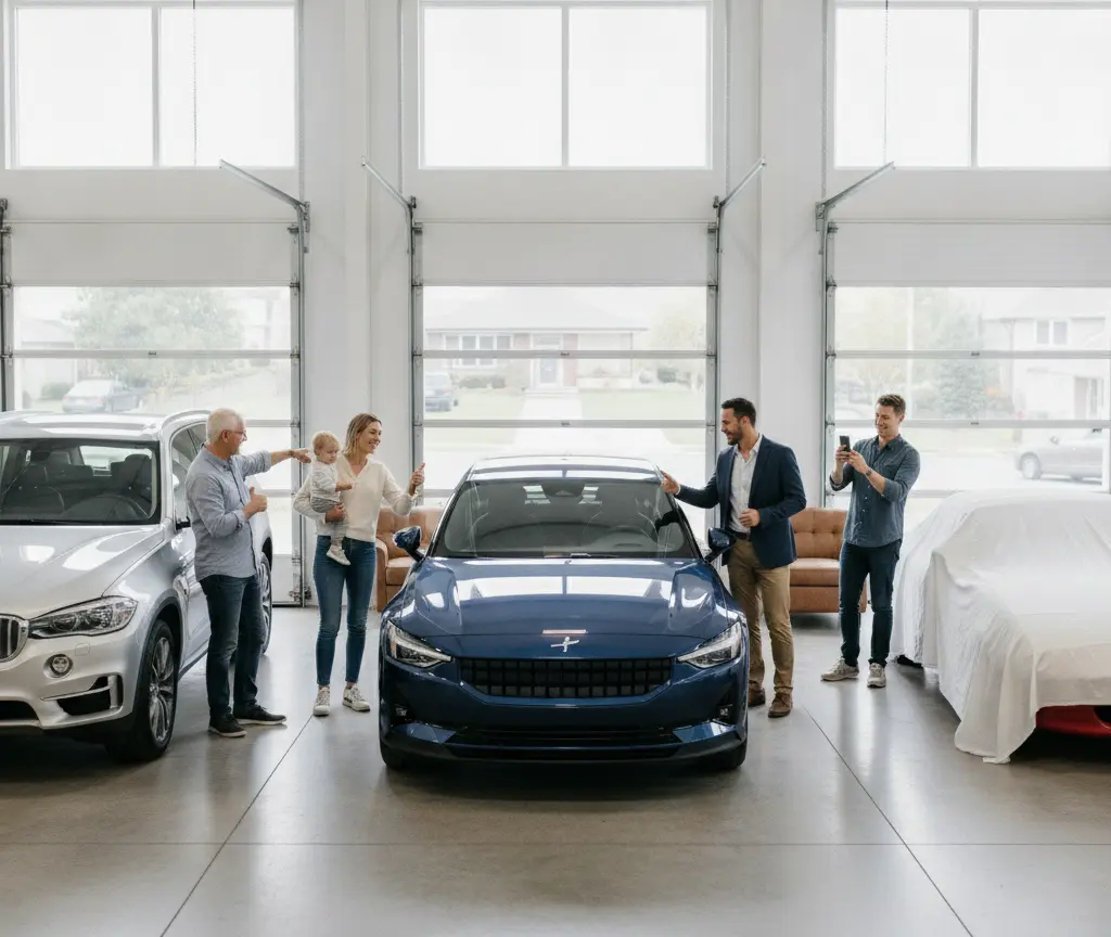 En Familie mit Chind staht zäme mit Verkäufer inere helle Garage näbed eme blaue und eme silbrige Auto.
