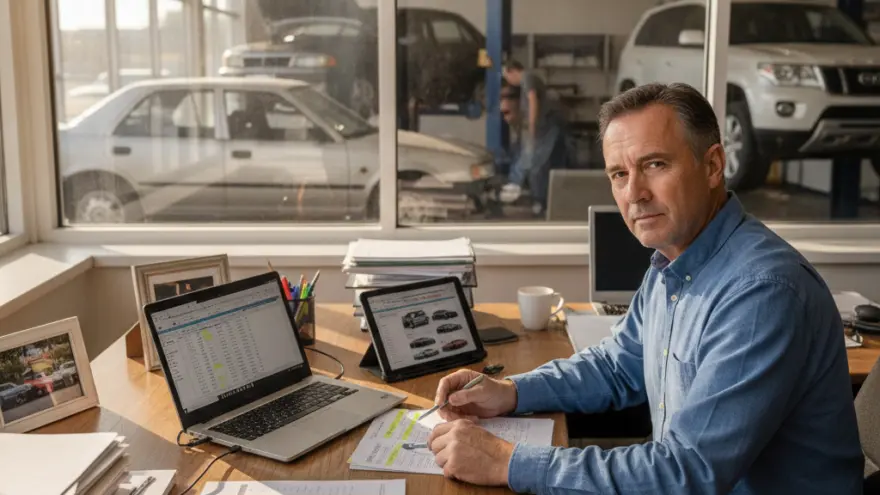Ein Mann im blauen Hemd sitzt an einem Schreibtisch mit Laptop und Dokumenten, im Hintergrund ist durch eine Glasscheibe eine Autowerkstatt zu sehen.