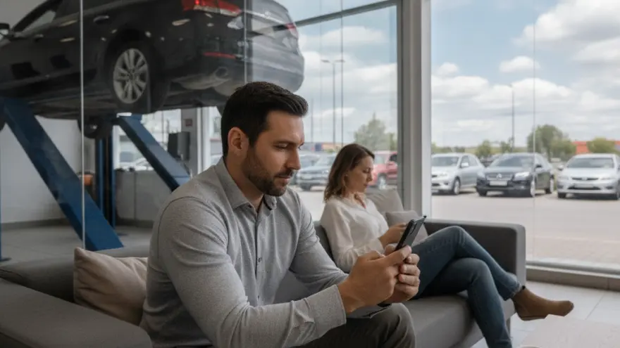 Ein Mann und eine Frau sitzen auf einem Sofa im Wartebereich einer Autowerkstatt und blicken auf ihre Smartphones.