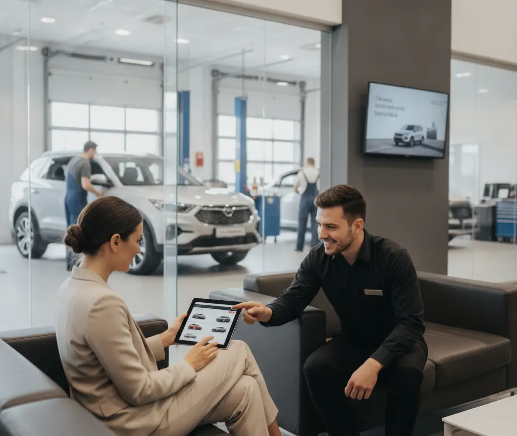 Ein Verkäufer und eine Kundin sitzen auf einem Sofa im Autohaus und betrachten gemeinsam ein Tablet, während im Hintergrund eine Werkstatt durch eine Glasscheibe zu sehen ist.