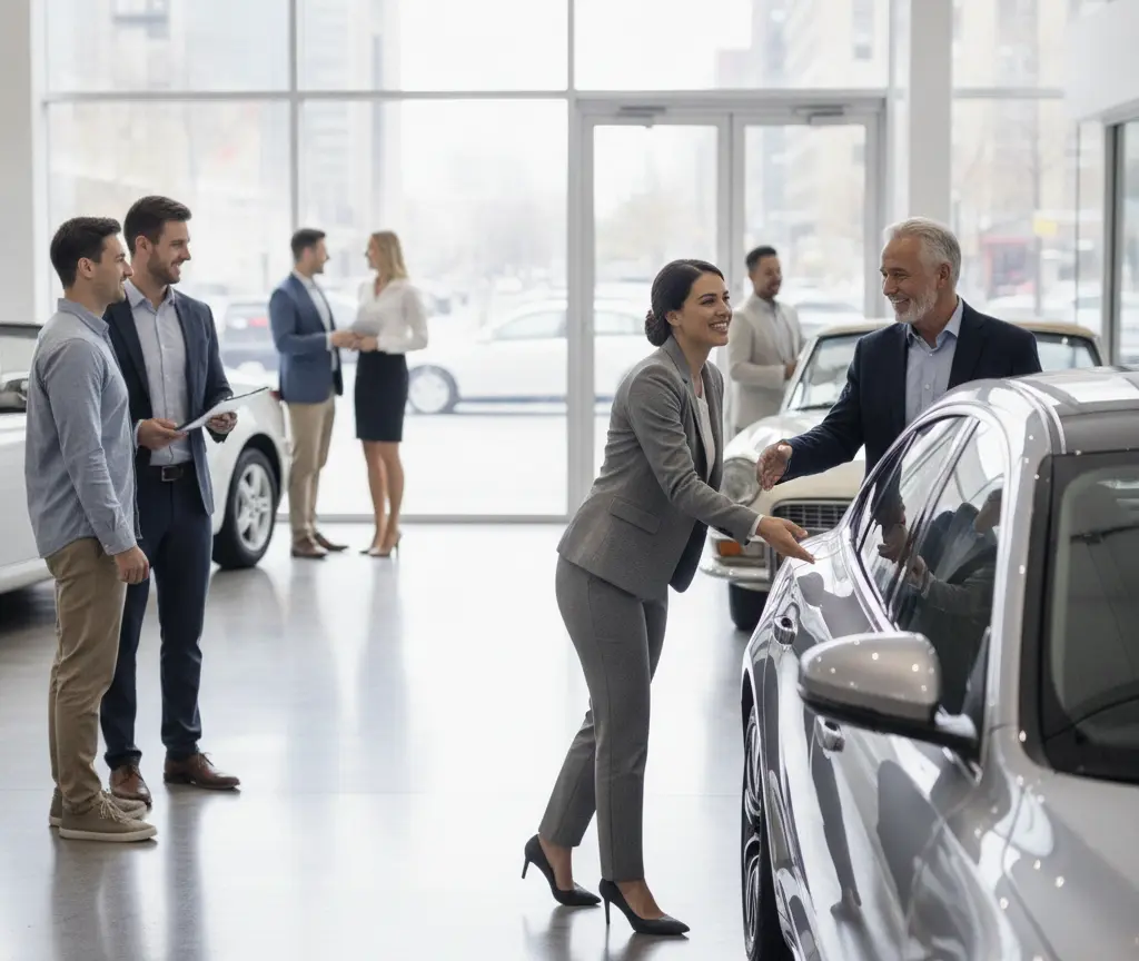A female car salesperson in a grey suit gestures toward a silver car while talking to a male customer in a showroom.