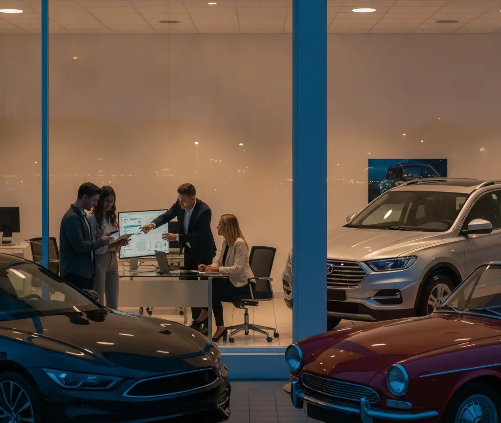 A group of people discussing business inside a brightly lit car dealership showroom at night, with several cars parked in the foreground.