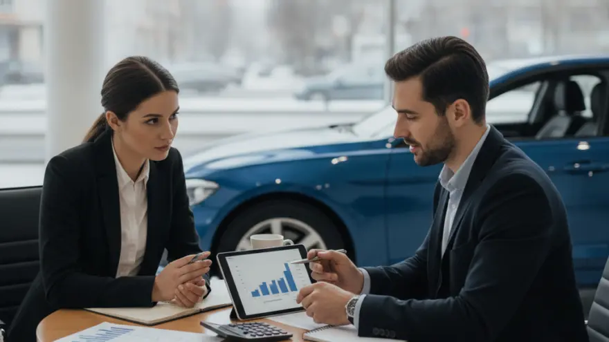Un hombre y una mujer con trajes de negocios sentados a una mesa redonda analizan gráficos en una tableta digital dentro de un concesionario de autos con un vehículo azul de fondo.