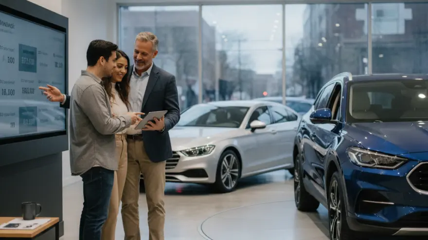 Un vendedor muestra información en una tableta a una pareja en un concesionario de coches con vehículos en exhibición.