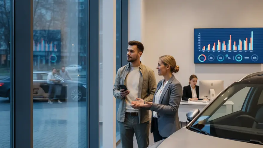 Una asesora comercial con traje gris conversa con un cliente que sostiene un teléfono móvil junto a un coche plateado en un concesionario.