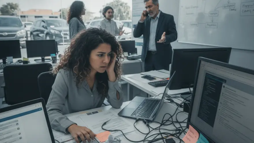 Una mujer con cabello rizado trabaja en un escritorio con computadoras en una oficina mientras otras personas conversan al fondo.