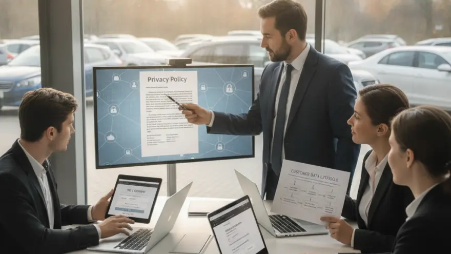 Un hombre de traje señala una pantalla con un documento de política de privacidad ante tres colegas sentados con computadoras portátiles en una oficina con vista a un estacionamiento.