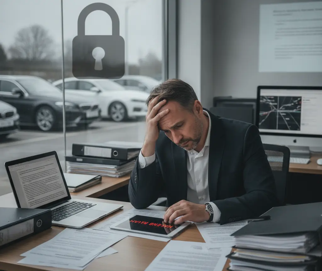 Un hombre con traje y expresión preocupada se sienta en un escritorio de oficina con documentos, una computadora portátil y una tableta, mientras se ven automóviles estacionados afuera a través de la ventana.