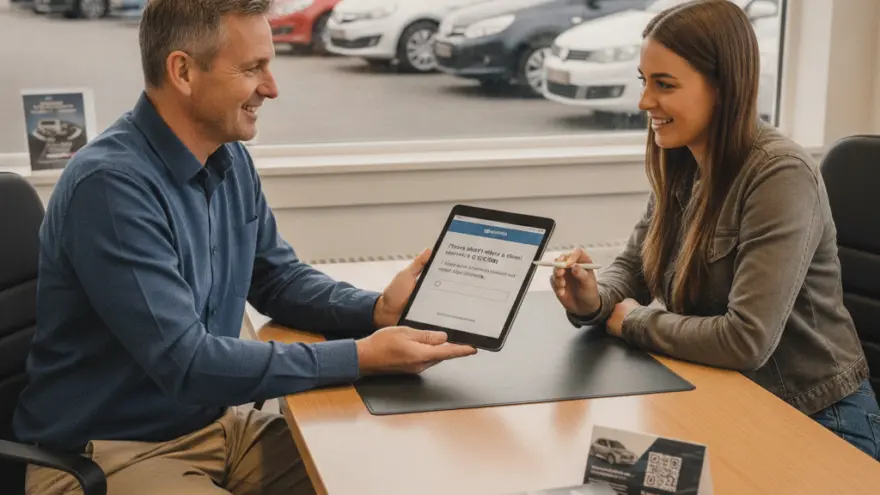 Un hombre sonriente muestra una tableta digital a una mujer sentada frente a él en un escritorio con folletos, con coches estacionados visibles a través de la ventana al fondo.