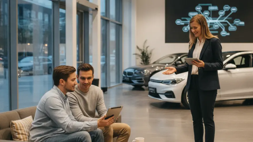 Una venditrice in piedi mostra un tablet a due uomini seduti su un divano all'interno di un salone automobilistico con auto esposte sullo sfondo.
