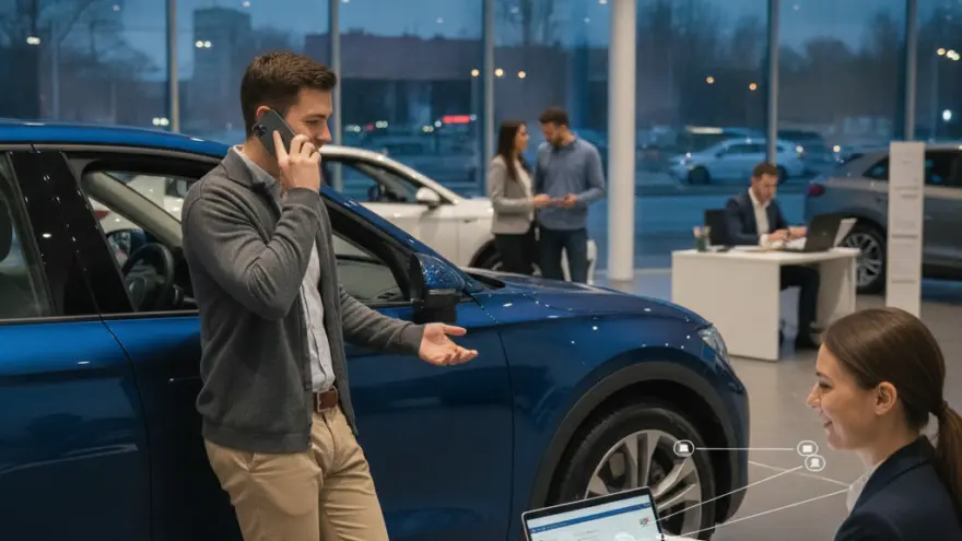 Un uomo parla al telefono accanto a un'auto blu in una concessionaria, mentre una consulente lavora al computer portatile.