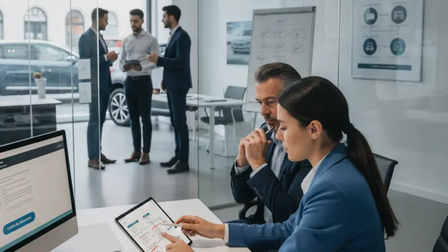 Una donna in giacca blu mostra un diagramma su un tablet a un collega seduto accanto a lei in un ufficio moderno.