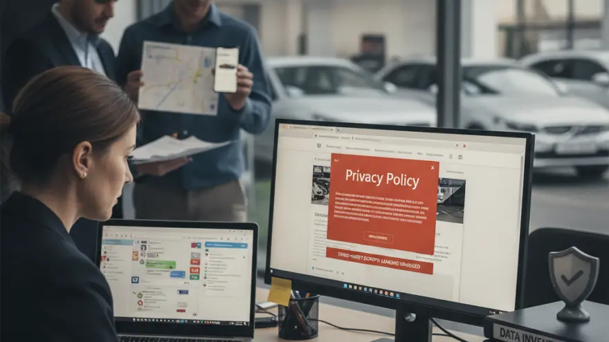 Una donna lavora al computer in un ufficio con schermi che mostrano avvisi di privacy, mentre due colleghi sullo sfondo guardano una mappa e uno smartphone.
