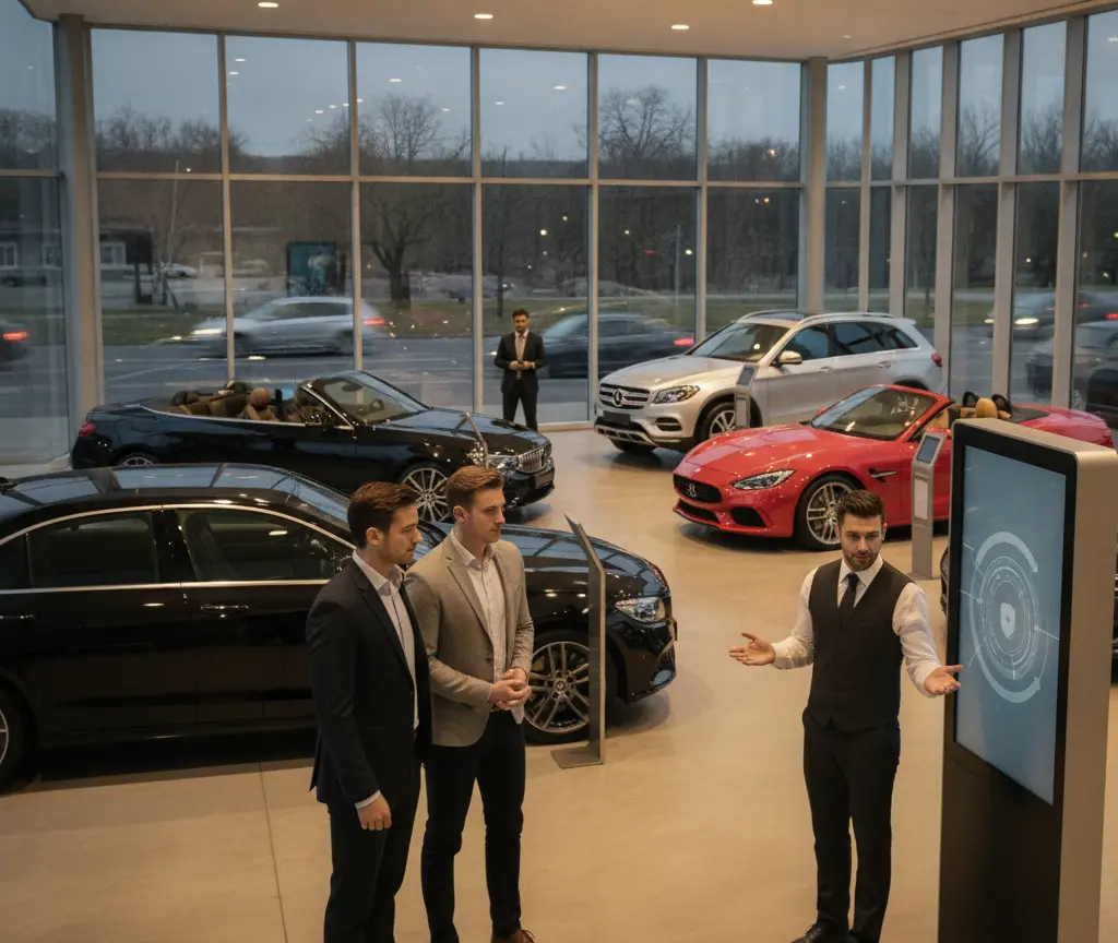 Un venditore in gilet mostra uno schermo interattivo a due clienti in giacca all'interno di un salone dell'auto con diverse vetture esposte.