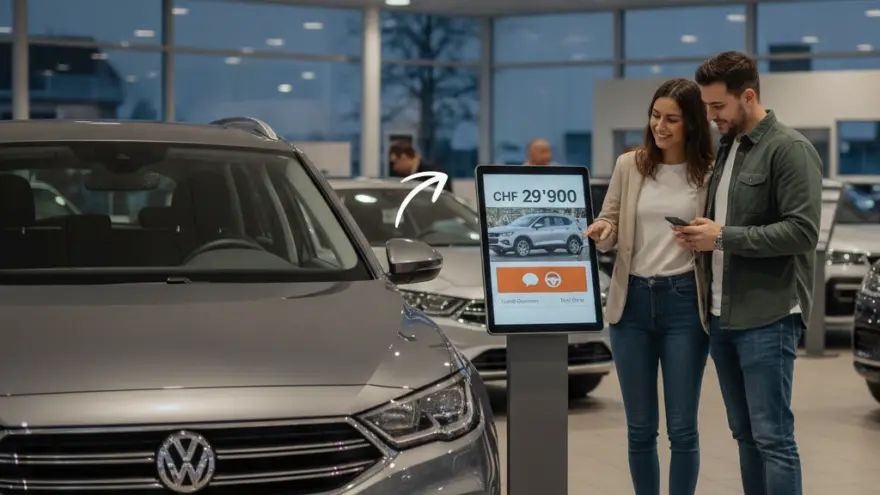 Es Paar staht inere Autohalle und luegt en Bildschirm mit Informatione näbed eme graue Auto aa.