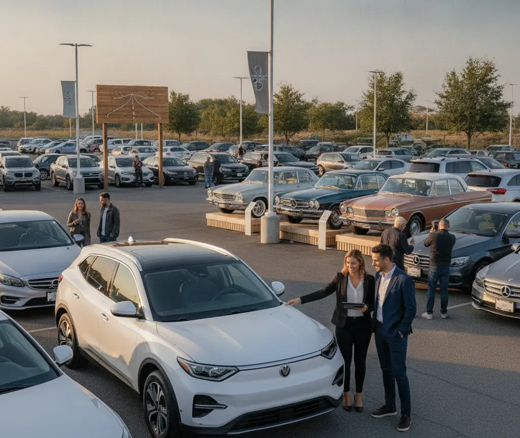 Es Paar im Business-Outfit staht vor eme wysse Auto uf eme grosse Parkplatz mit vilne andere Fahrzüg.