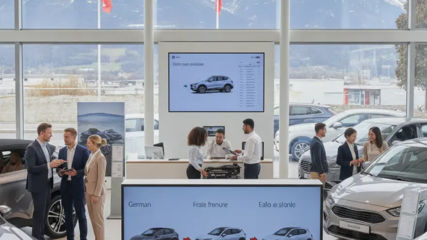 Es moderns Autohuus mit grosse Fänschter, wo de Blick uf verschneiti Bärge freigänd, während Chunde und Verkäufer bi de usgstellte Autos stönd.