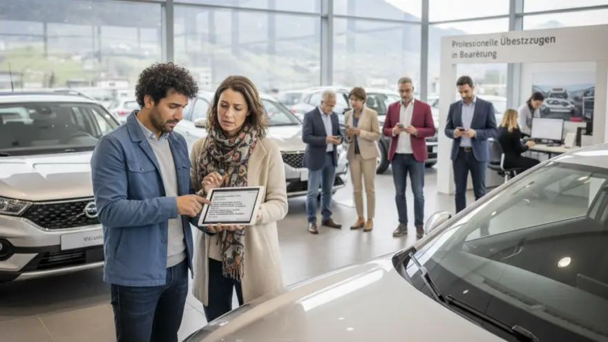 Es Paar luegt inere Autohalle gmeinsam ufes Tablet, während im Hindergrund anderi Lüt uf ihri Handys lueged.