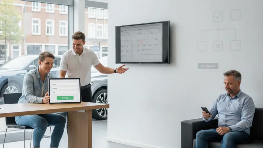 Een man en een vrouw bekijken een tablet aan een houten tafel in een showroom, terwijl een andere man op een bank zit en op zijn telefoon kijkt.
