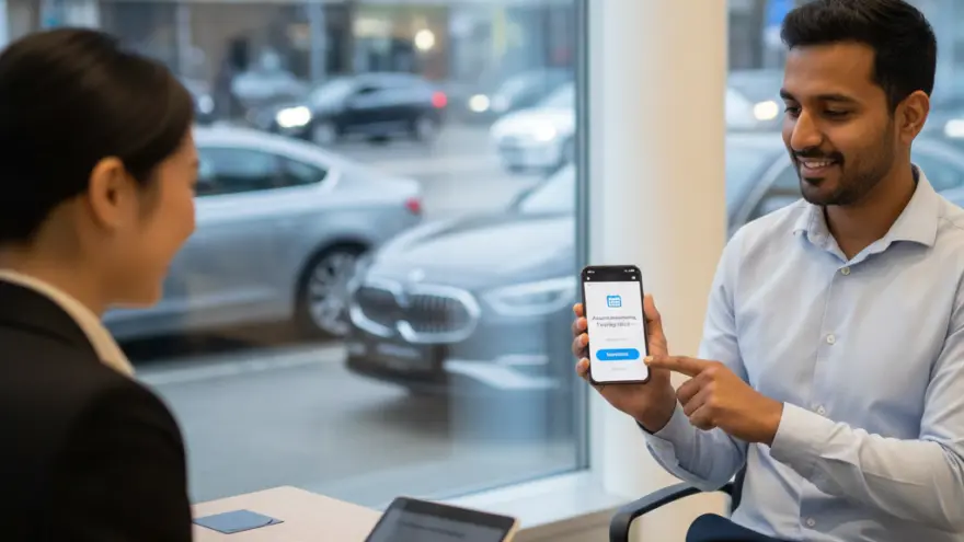 Een glimlachende man in een blauw overhemd toont zijn smartphone aan een vrouw die aan een bureau met een tablet zit.